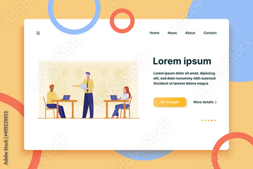 Business leader instructing workgroup. Team using laptops on office flat vector illustration. Corporate discussion, communication concept for banner, website design or landing web page