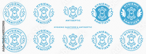 Conceptual marks for product packaging. Marking - hygienic sanitizer or antiseptic. A brand with wings and a bacteria or microbe icon - a symbol of the medical destruction of bacteria. Vector