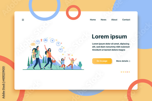 Family hiking or location app concept. Father, mother and children walking outdoors, carrying backpacks and picnic basket. Vector illustration for camping, adventure travel, active hikers topics
