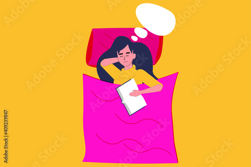 Sleeping woman character at night in her bed while dreaming. Speech bubble for dreamer girl. Tired female falling asleep while reading her book. Importance of reading concept. Vector illustration.