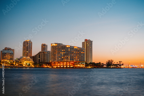 city skyline at sunset Brickell key Miami Florida houses 