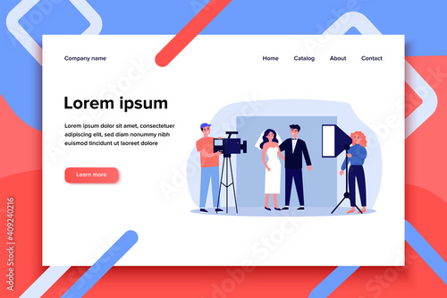 Happy newly married couple taking wedding photo. Bride, camera, groom flat vector illustration. Event and celebration concept for banner, website design or landing web page