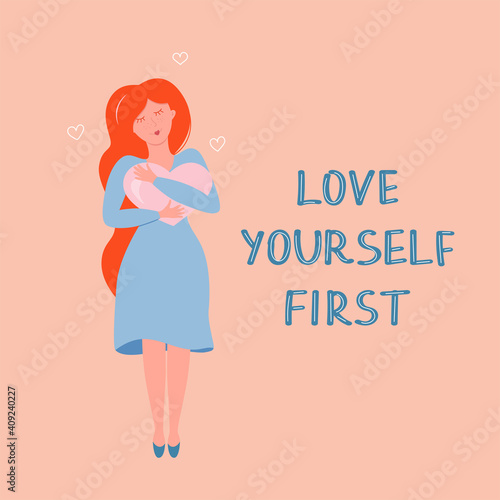 Love yourself first vector illustration, self love concept. Redhead girl hugging heart with hand written text
