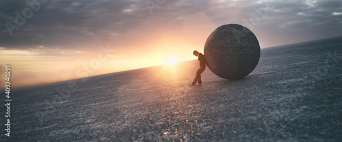 Fotografie, Obraz Ilustration of a man maintaining a concrete ball, 3d rendering