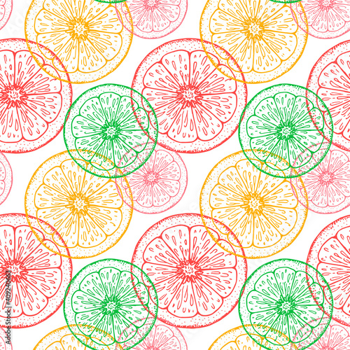 Colorful hand drawn citrus seamless pattern. Vector illustration in sketch style