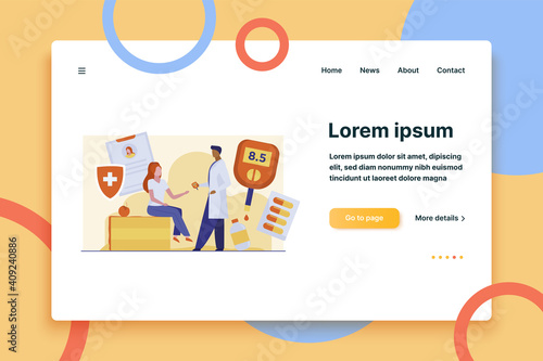 Doctor checking woman blood sugar level. Female patient sitting in endocrinologist cabinet flat vector illustration. Diabetes, health screening concept for banner, website design or landing web page