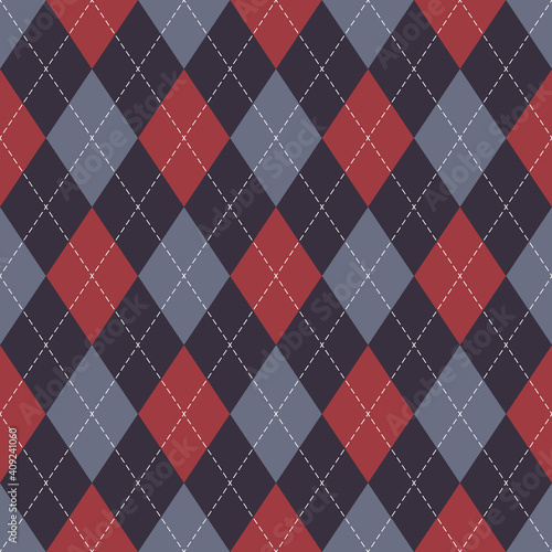 Argyle pattern in red and purple. Traditional geometric vector argyll dark background for gift wrapping, socks, sweater, jumper, or other modern autumn winter classic fashion fabric design.
