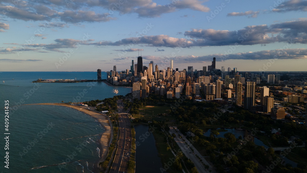 Chicago skyline evening drone aerial footage