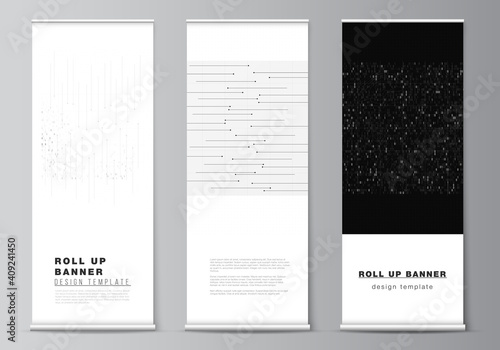 Vector layout of roll up mockup templates for vertical flyers, flags design templates, banner stands, advertising. Abstract technology black color science background. Digital data. High tech concept.