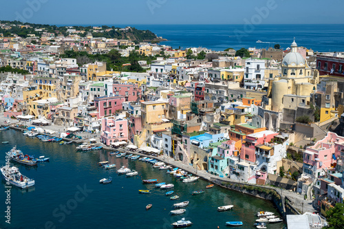 Traditional colorful houses in the port of Corricella, Procida, Italy