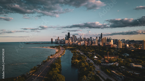 Photography Chicago skyline evening drone aerial footage