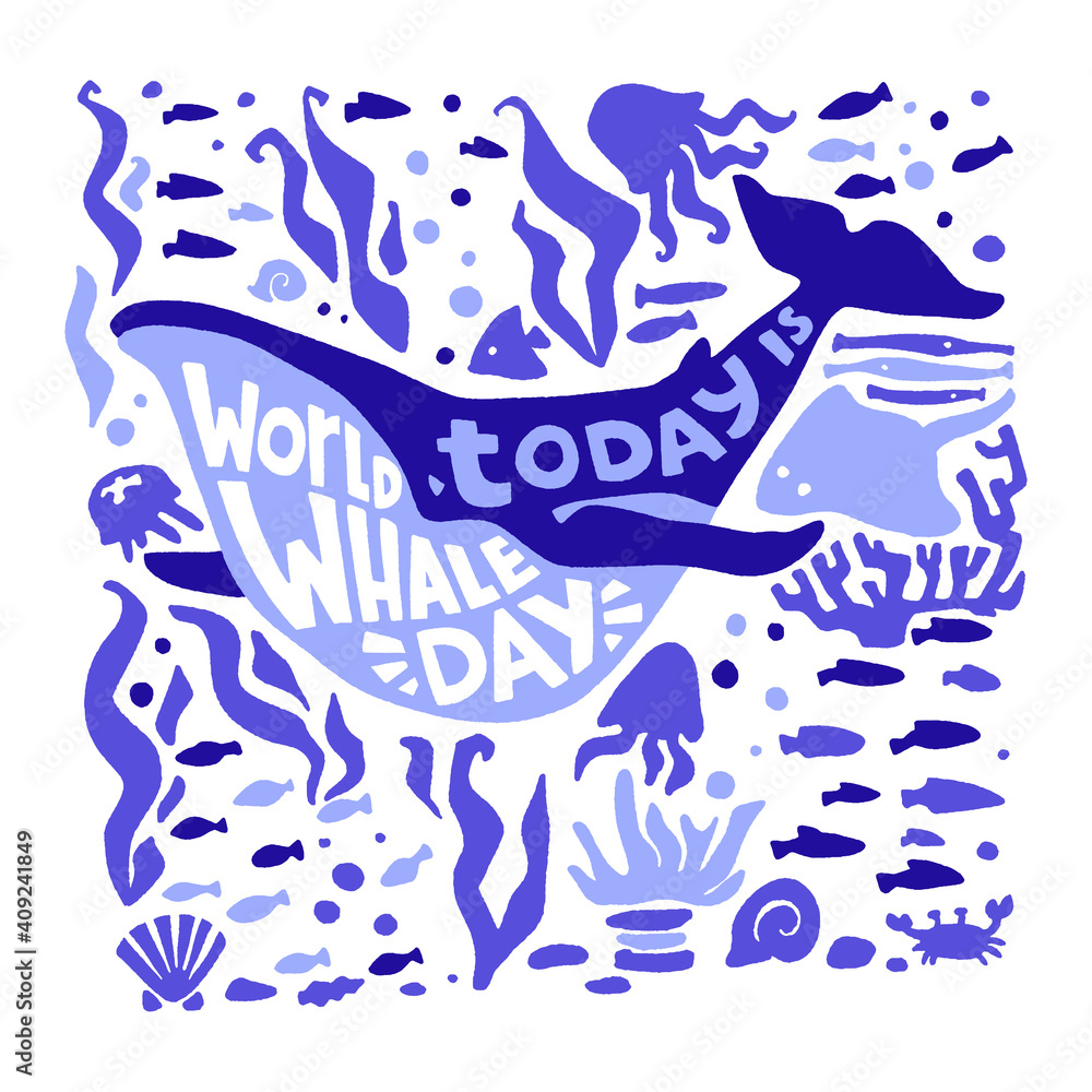 Obraz premium World Whale Day. Vector hand drawn whale and lettering in trendy flat style.
