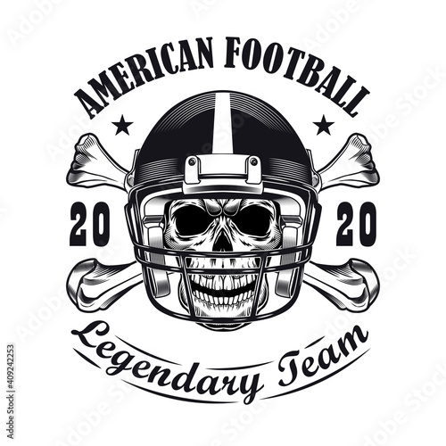 Rugby team label design. Monochrome element with skull in players helmet and bones vector illustration with text. American football concept for stamps and emblems templates