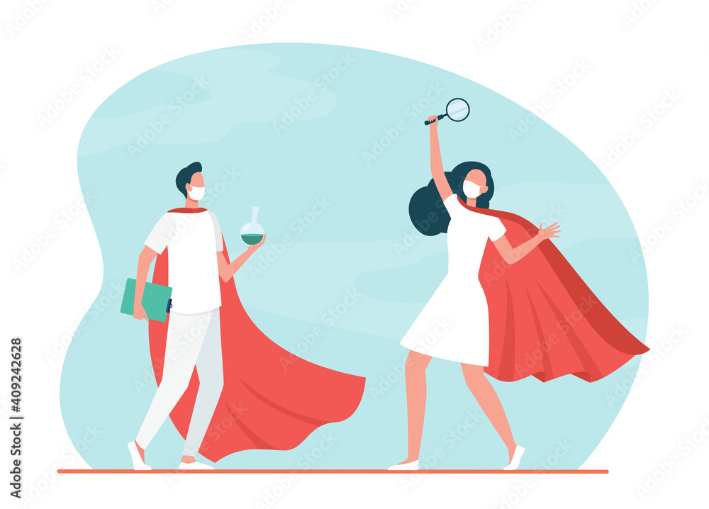 Superhero lab scientists in masks making research. Vaccine, cloak, flask flat vector illustration. Medicine and science concept for banner, website design or landing web page Superhero lab scientists in masks making research. Vaccine, cloak, flask flat vector illustration. Medicine and science concept for banner, website design or landing web page