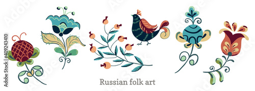 Wallpaper Mural Flowers and birds in russian folk art painting style. Vector set of floral elements for design. Torontodigital.ca