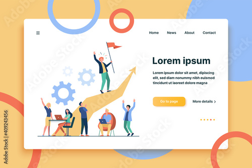 Business leader standing on arrow and holding flag flat vector illustration. Cartoon people training and doing business plan. Leadership, victory and challenge concept