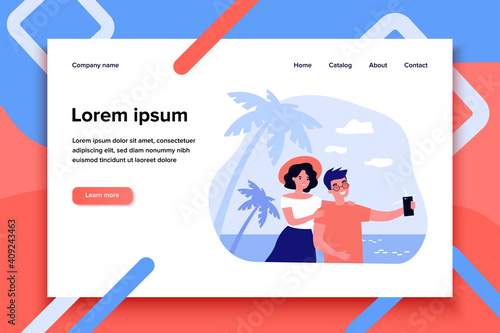 Happy travelling couple taking selfie on mobile phone. Tourists walking on beach and enjoying summer holiday. Vector illustration for honeymoon, vacation, photo concepts