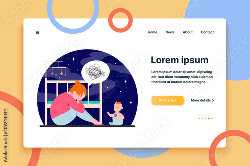 Depressed woman with newborn flat vector illustration. Sleepy tired young mom sitting near bed and baby in anxiety mood. Motherhood and parenting difficulties concept