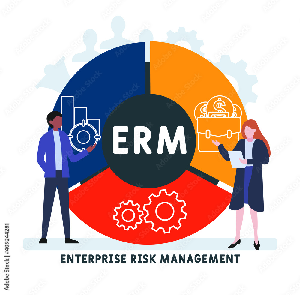Flat design with people. ERM - Enterprise Risk Management acronym, business concept background. Vector illustration for website banner, marketing materials, business presentation, online advertisin Flat design with people. ERM - Enterprise Risk Management acronym, business concept background. Vector illustration for website banner, marketing materials, business presentation, online advertisin