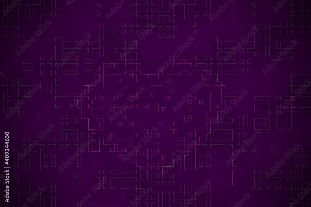 abstract background with code. abstract background with lines. pink valentine heart. Ornate glow stylish backdrop in dark purple and pink colors for festive card. Cool creative seamless design