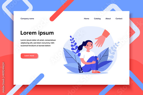 Helping hand for crying girl. Child in trouble, sad unhappy kid flat vector illustration. Childhood, help, support concept for banner, website design or landing web page