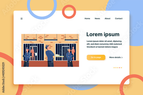 Criminals and guards in state prison. Policemen watching prisoners in cells of police department. Vector illustration for investigation, justice, jail concept
