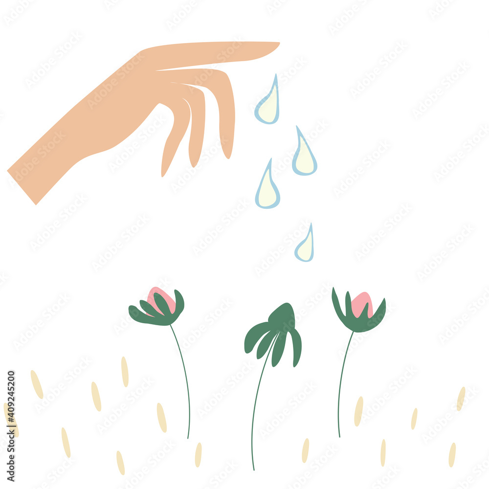 Vector cartoon illustration of hand watering plant, planting plants, seeds, flowers bloom, spring planting. Vector illustration on white background.