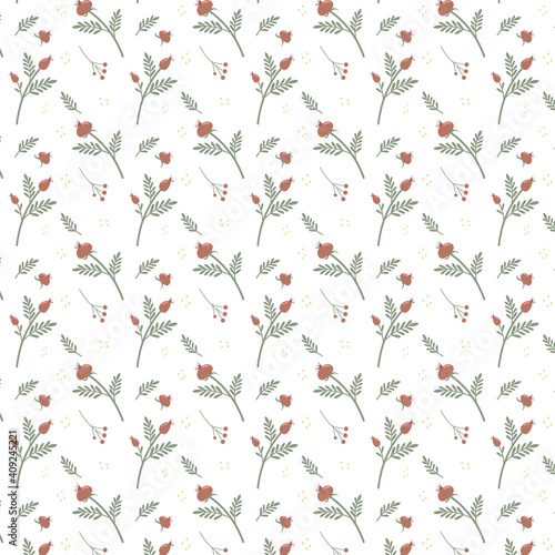 Floral seamless pattern with dogrose and rosehip. Vector illustration. Simple background of flowers for fabric, wraps, wallpaper, paper. Isolated white background.
