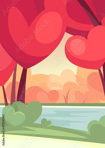 Forest with heart shape trees by the river. Beautiful abstract landscape in vertical orientation.