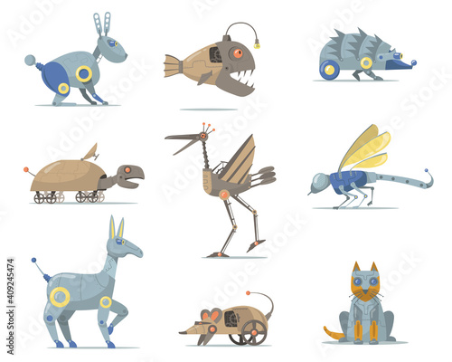 Robotics animals set. Cyber dog, fish, turtle, cat, mouth, bird, insect isolated on white. Vector illustration for mechanical robot toys, modern machines for kids, entertainment, fun concept