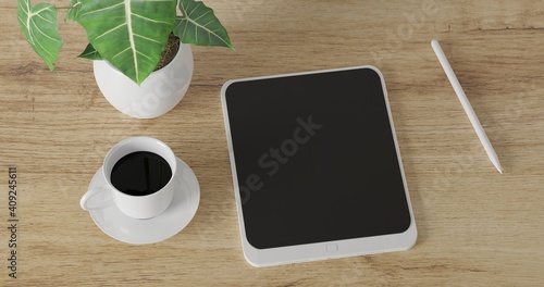Fototapeta Naklejka Na Ścianę i Meble -  3d render Working desk with white background. tablet pencil, green plant and coffee cup on wood table. minimal workspace. simple wall interior design concept template.