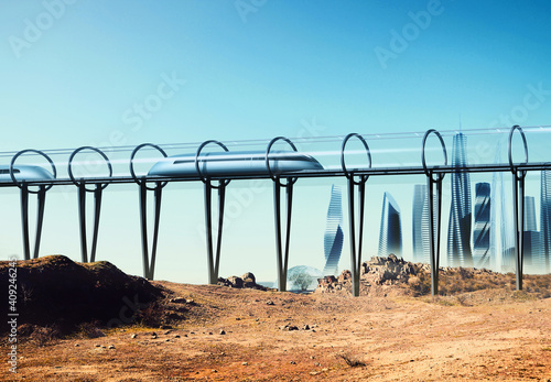 Concept of magnetic levitation train moving on the skyway in a vacuum tunnel across desert. Modern transport. 3d rendering illustration
