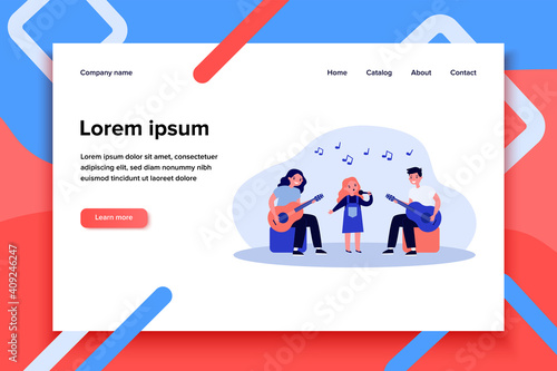 Kids music band. Girl singing with mic, teenagers playing guitars flat vector illustration. Talent show, performance, school concert concept for banner, website design or landing web page