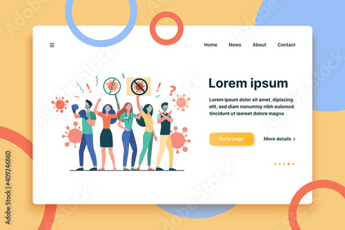 Crowd protesting against coronavirus. People wearing medical masks, holding placards with stop virus sign. Vector illustration for quarantine, society, health protection campaign concept