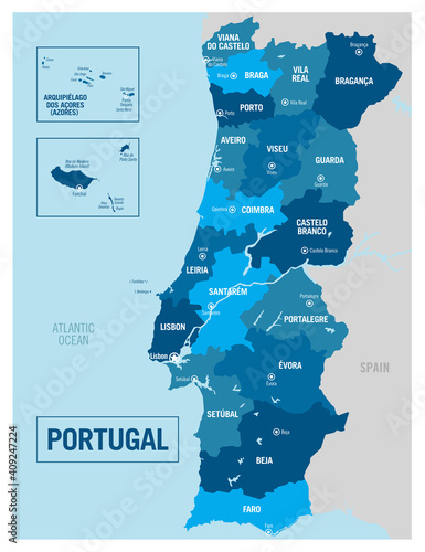 Portugal country political map. Detailed vector illustration with isolated states, regions, islands and cities easy to ungroup. 