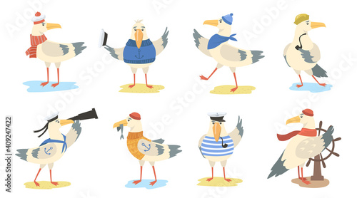 Cartoon seagull set. Different actions of bird wearing sailor costumes and hats. Vector illustration for cartoon gull, marine character, sailing, travel concept