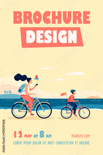 Mom and son riding bikes along seacoast. Woman checking route on mobile app flat vector illustration. Family outdoor activity, navigation concept for banner, website design or landing web page
