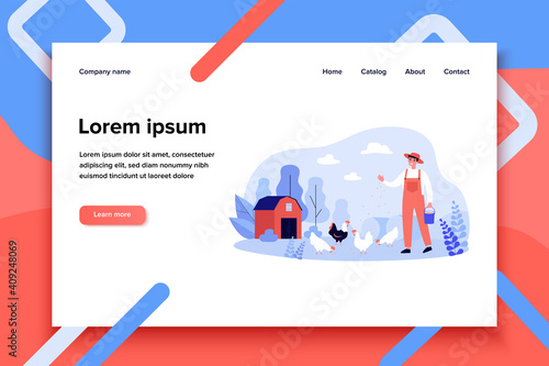 Happy farmer breeding hens. Happy man feeding chickens on lawn. Vector illustration for agriculture, farming, country life, birds and animals breeding concepts