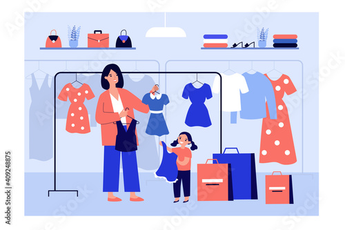 Mom choosing clothes for girl in fashion store, taking dress from rack and giving to kid. Vector illustration for clothes shop for kids, school uniform, sale concept