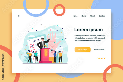 Election and political campaign. Politician speaker, candidate, voting citizens, ballot paper. Flat vector illustration for democracy, society, referendum concepts