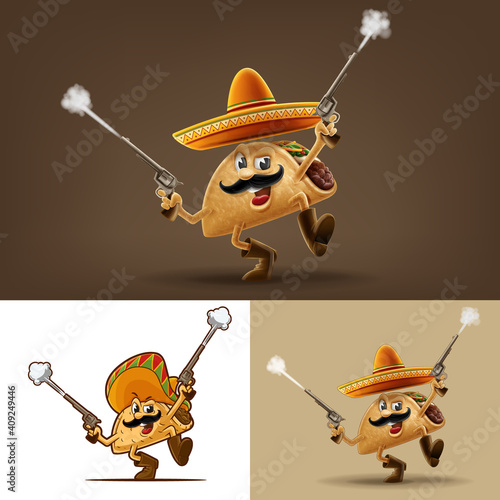 set of cartoon taco with gun and sombrero