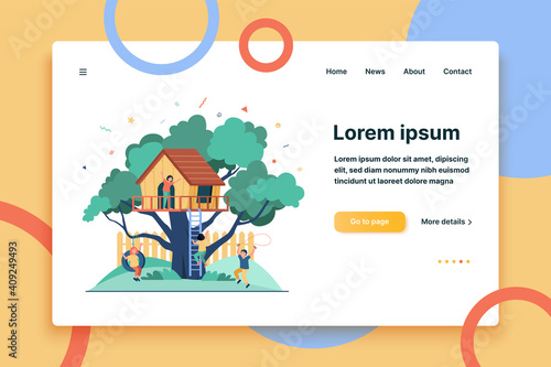 Children playing in playground with treehouse. Boys and girls enjoying summer vacation, having fun in house on tree. Vector illustration for childhood, outdoor activity, kindergarten concept