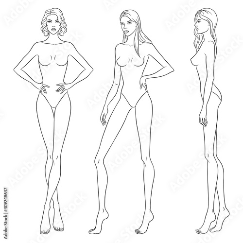 Beautiful slim women sketch, vector illustration. Nine head fashion figure templates. Fashion models walking on the podium.