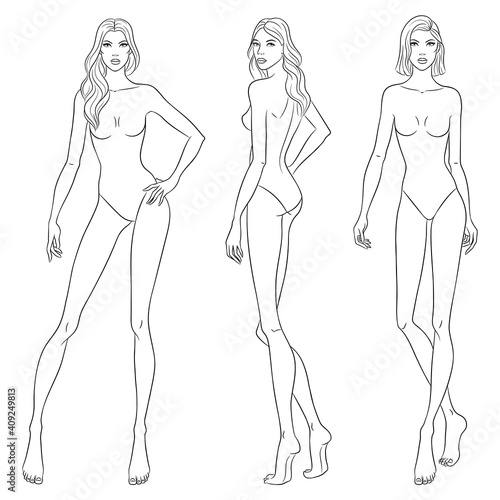 Beautiful slim women sketch, vector illustration. Nine head fashion figure templates. Fashion models walking on the podium.