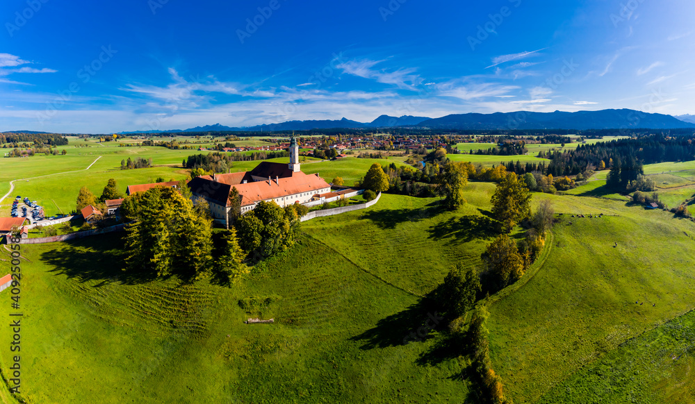 Obraz premium Aerial view of Reutberg Monastery, near Sachsenkam, Upper Bavaria, Bavaria, Germany,
