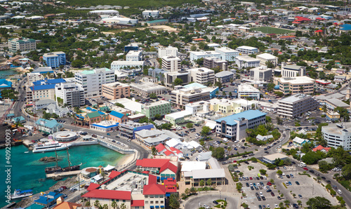 Aerial view of coastline of Grand Cayman, Cayman Islands, Capital, George Town, Financial District photo