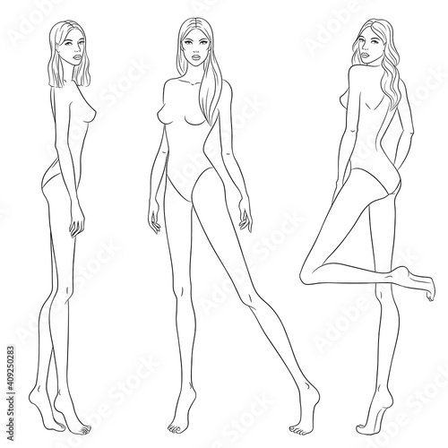 Beautiful slim women sketch, vector illustration. Nine head fashion figure templates. Fashion models walking on the podium.