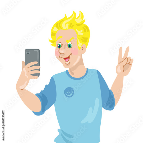 Funny guy takes a selfie on a smartphone. The young man is a blogger. In cartoon style. Isolated on white background. Vector illustration flat