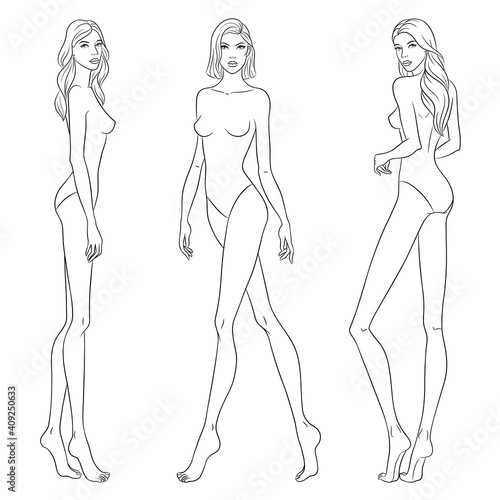 Beautiful slim women sketch, vector illustration. Nine head fashion figure templates. Fashion models walking on the podium.