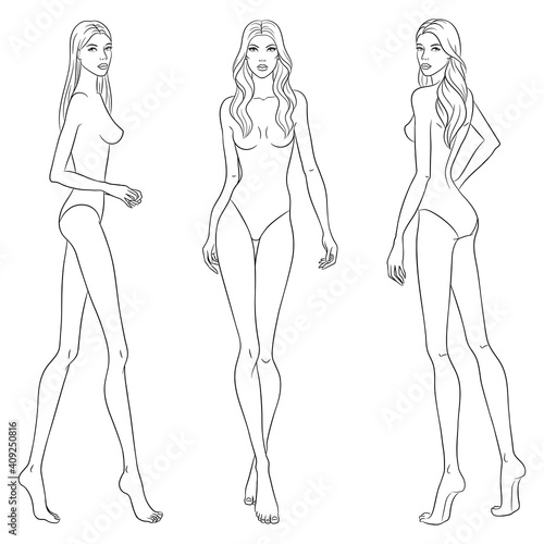 Beautiful slim women sketch, vector illustration. Nine head fashion figure templates. Fashion models walking on the podium.